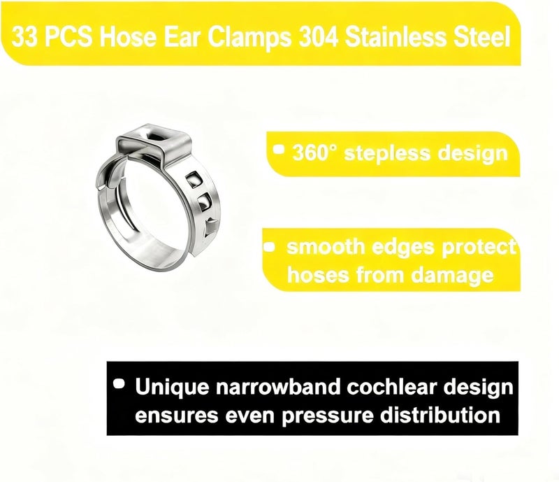 ANDILIKE 33 PCS Hose Ear Clamps 304 Stainless Steel,23.5mm (5/8 Inch) Single Ear Hose Clamp Clip,Hose Fitting for Securing Pipe Hose - Image 3